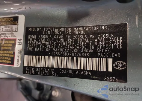 2007 Toyota Avalon Xls z USA, uszkodzony, nr VIN 4T1BK36BX7U176646